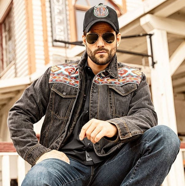 Men's Western Denim Jacket with Lining - Moran Aztec Trim Canvas Jacket
