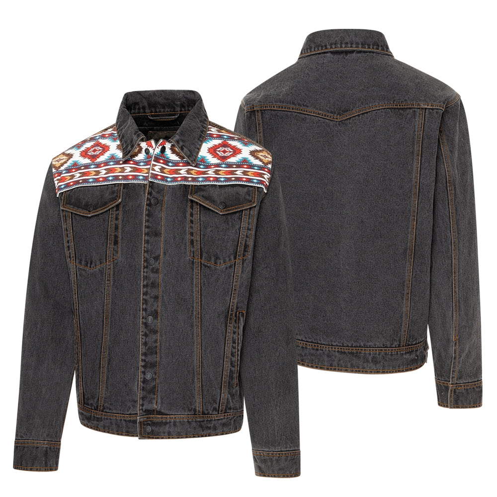 Men's Western Denim Jacket with Lining - Moran Aztec Trim Canvas Jacket