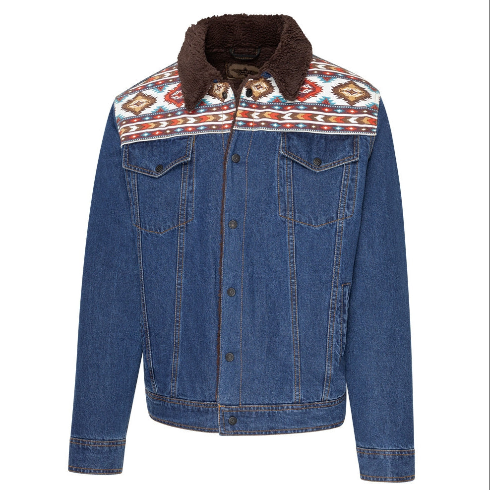 Men's Western Denim Jacket with Sherpa Lining - Bullock Aztec Trim Trucker Jacket