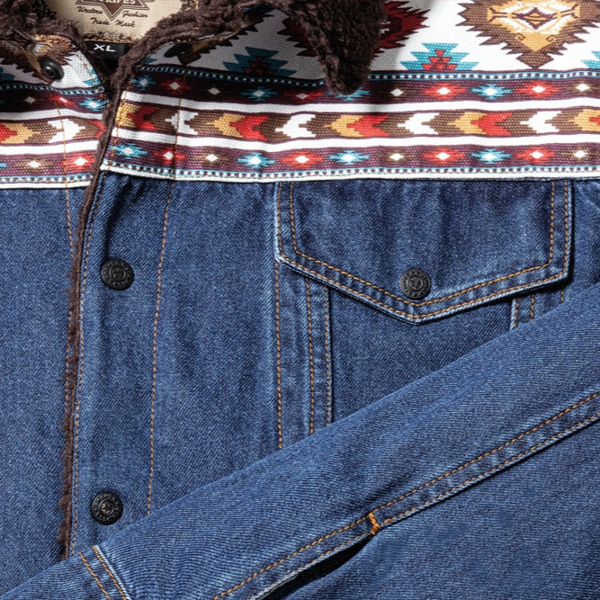 Men's Western Denim Jacket with Sherpa Lining - Bullock Aztec Trim Trucker Jacket