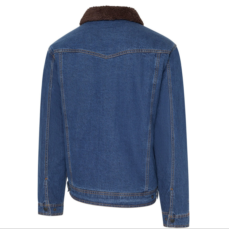 Men's Western Denim Jacket with Sherpa Lining - Bullock Aztec Trim Trucker Jacket