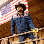 Men's Western Denim Jacket with Sherpa Lining - Bullock Aztec Trim Trucker Jacket