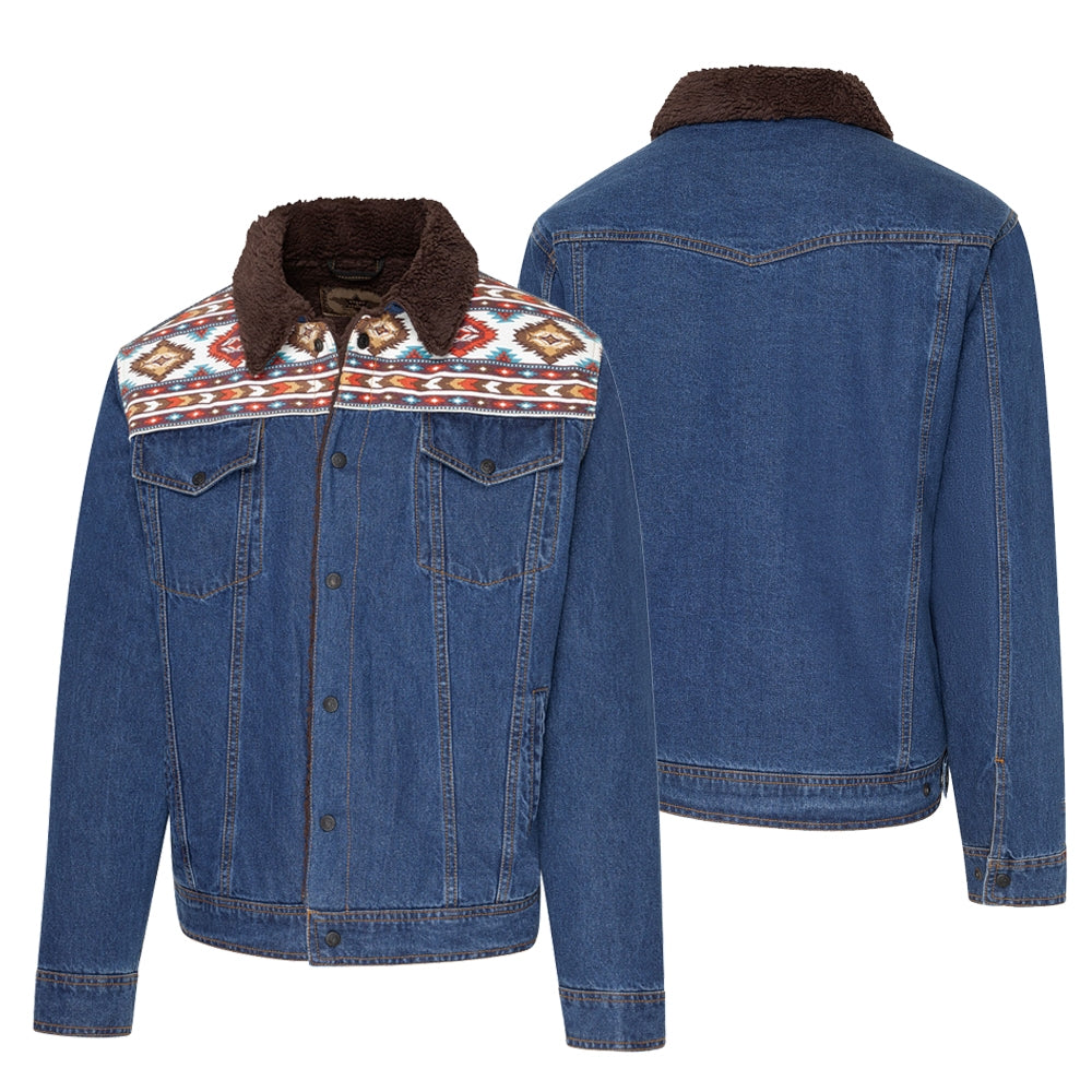 Men's Western Denim Jacket with Sherpa Lining - Bullock Aztec Trim Trucker Jacket