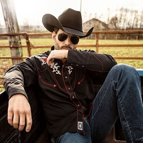 Men's Western Embroidered Shirt Milton - Cowboy Snap Button Shirt with Pipin