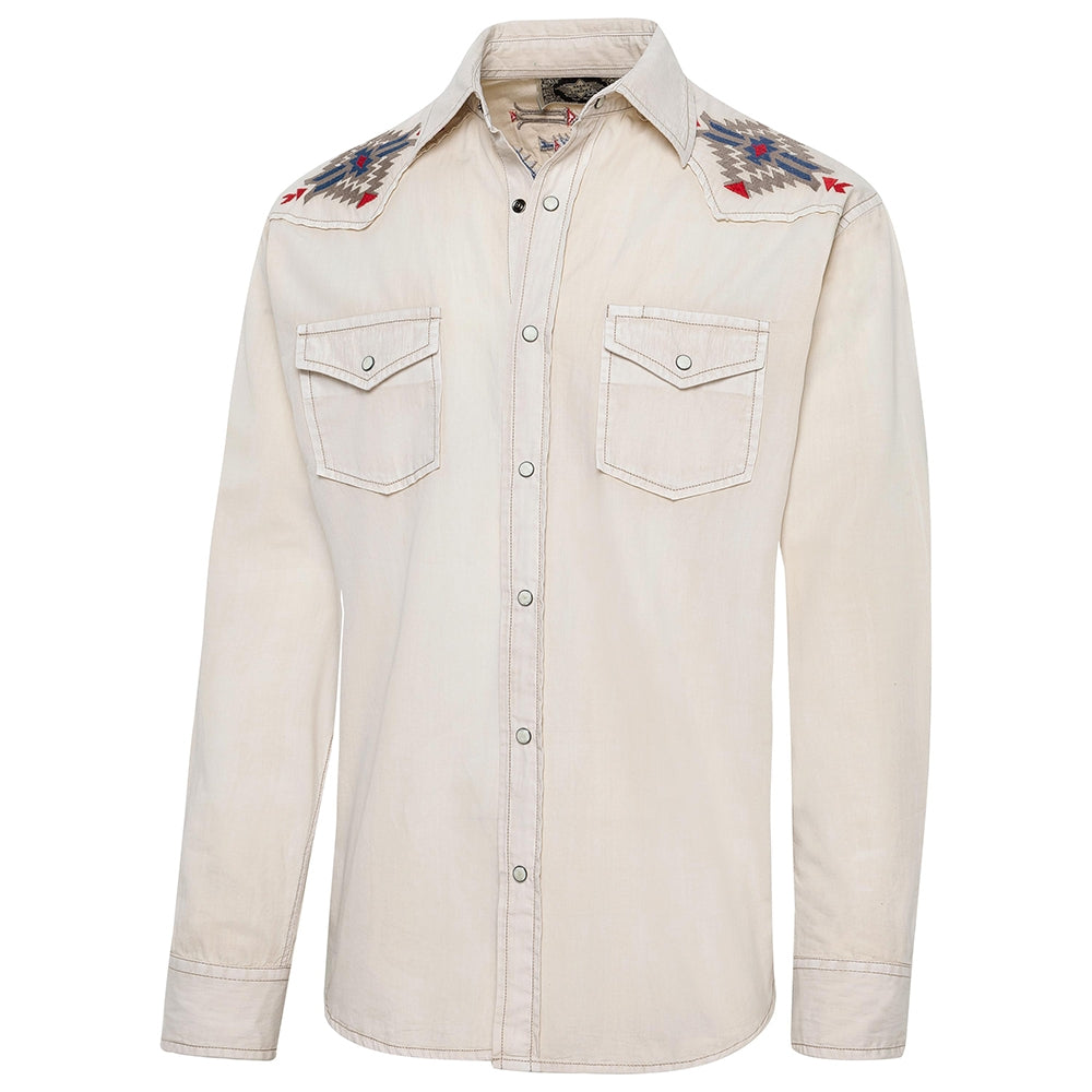 Men's Western Shirt Barney - Beige with Aztec Embroidery & Light Wash