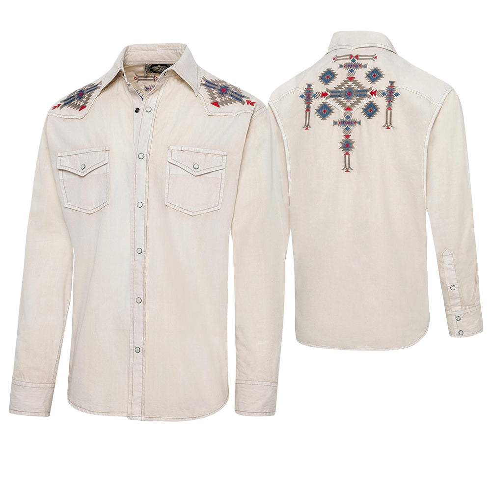 Men's Western Shirt Barney - Beige with Aztec Embroidery & Light Wash