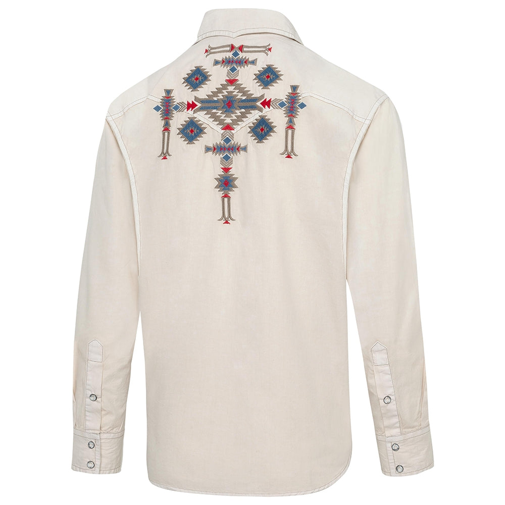 Men's Western Shirt Barney - Beige with Aztec Embroidery & Light Wash