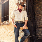 Men's Western Shirt Barney - Beige with Aztec Embroidery & Light Wash