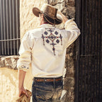 Men's Western Shirt Barney - Beige with Aztec Embroidery & Light Wash