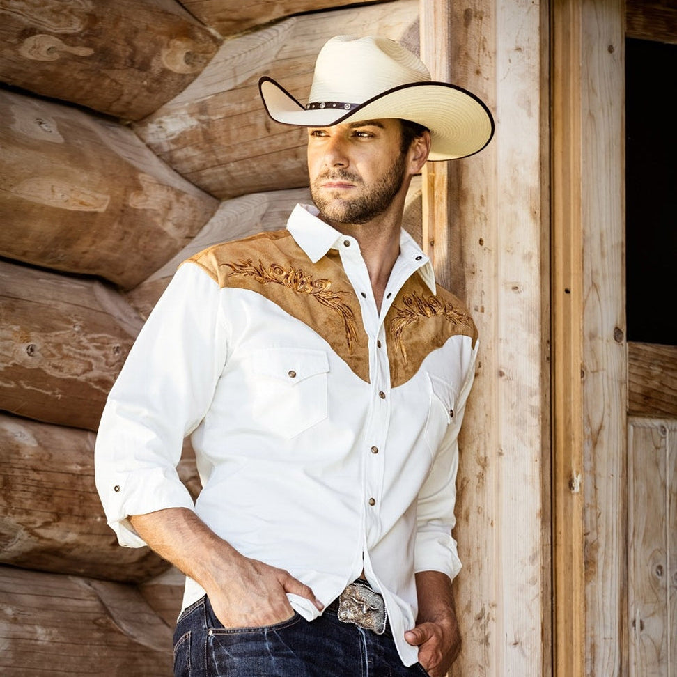 Men's Western Shirt Boston - Suede Leather Look with Embroidered Yoke