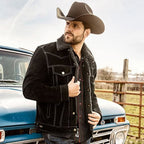 Men's Western Suede Jacket with Eagle Embroidery - Decker Fur Collar Leather Jacket