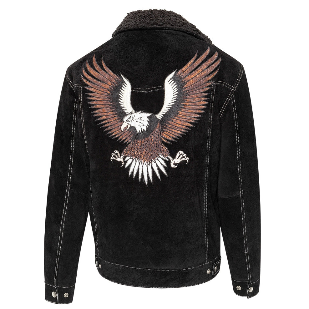 Men's Western Suede Jacket with Eagle Embroidery - Decker Fur Collar Leather Jacket