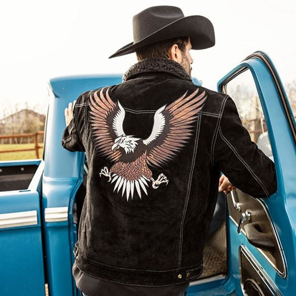 Men's Western Suede Jacket with Eagle Embroidery - Decker Fur Collar Leather Jacket