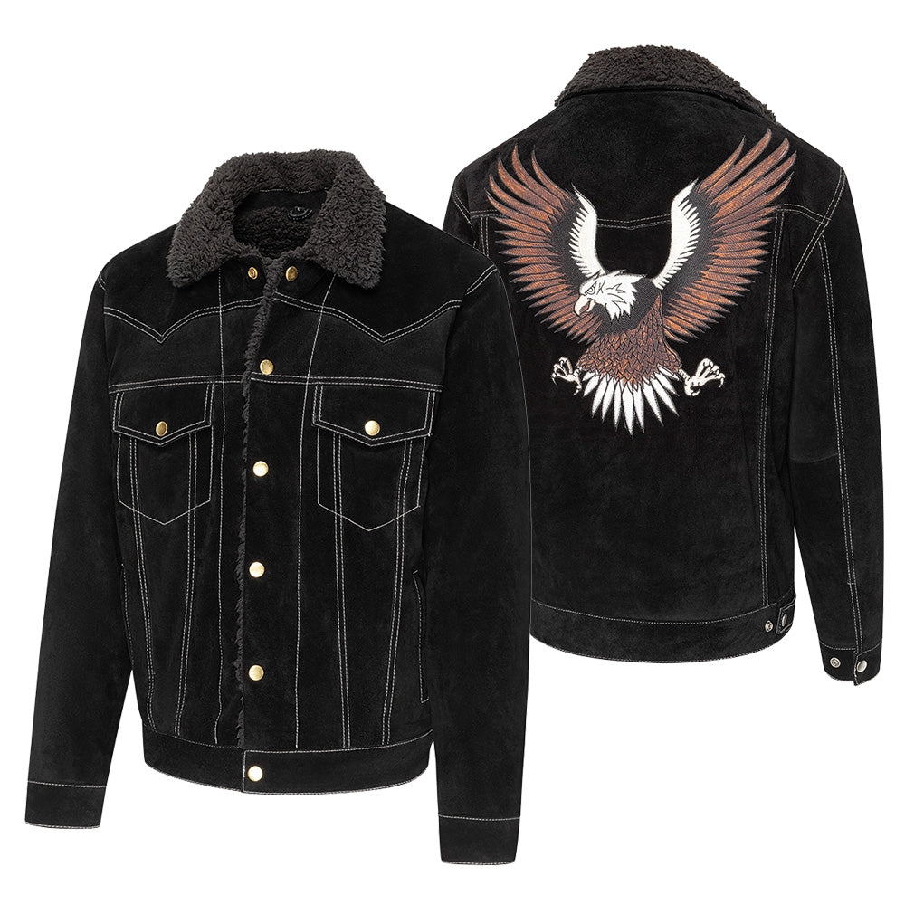 Men's Western Suede Jacket with Eagle Embroidery - Decker Fur Collar Leather Jacket