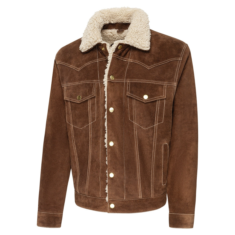 Men's Western Suede Jacket with Eagle Embroidery - Decker Fur Collar Leather Jacket brown