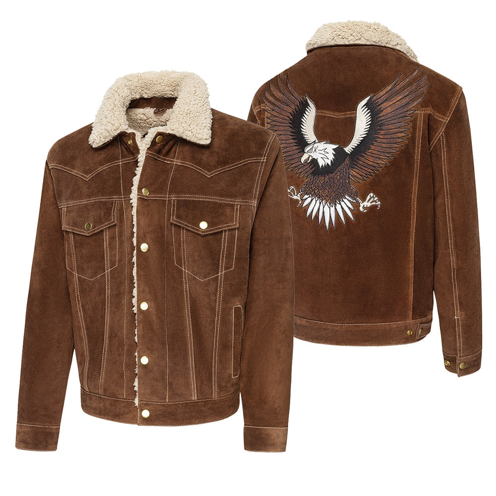 Men's Western Suede Jacket with Eagle Embroidery - Decker Fur Collar Leather Jacket brown