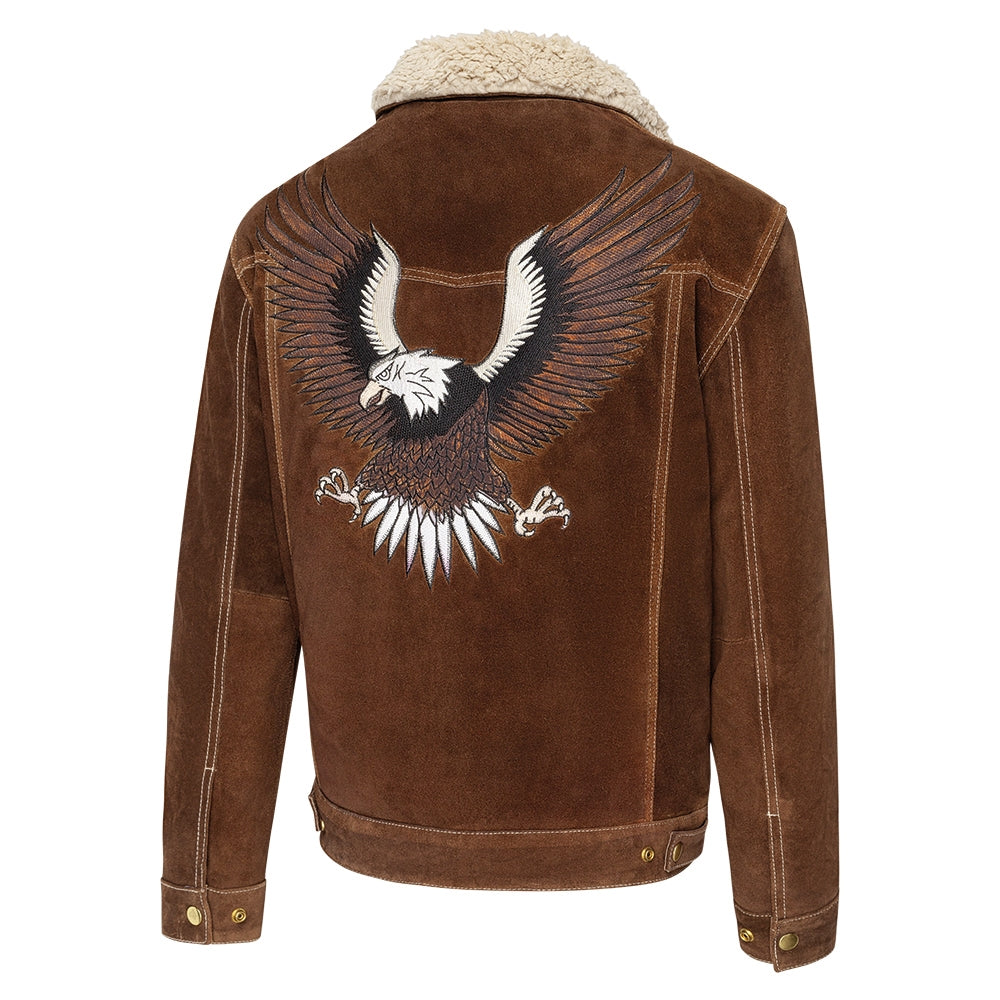 Men's Western Suede Jacket with Eagle Embroidery - Decker Fur Collar Leather Jacket brown