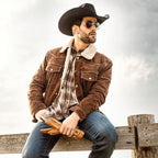 Men's Western Suede Jacket with Eagle Embroidery - Decker Fur Collar Leather Jacket brown