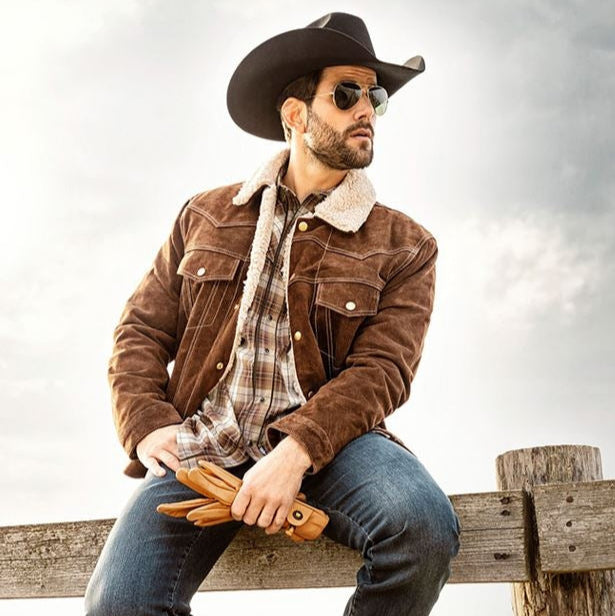 Men's Western Suede Jacket with Eagle Embroidery - Decker Fur Collar Leather Jacket brown