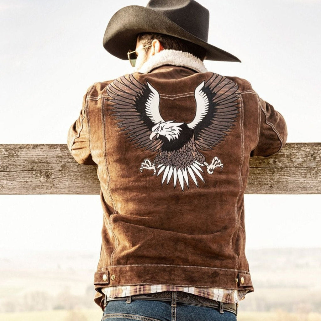 Men's Western Suede Jacket with Eagle Embroidery - Decker Fur Collar Leather Jacket brown
