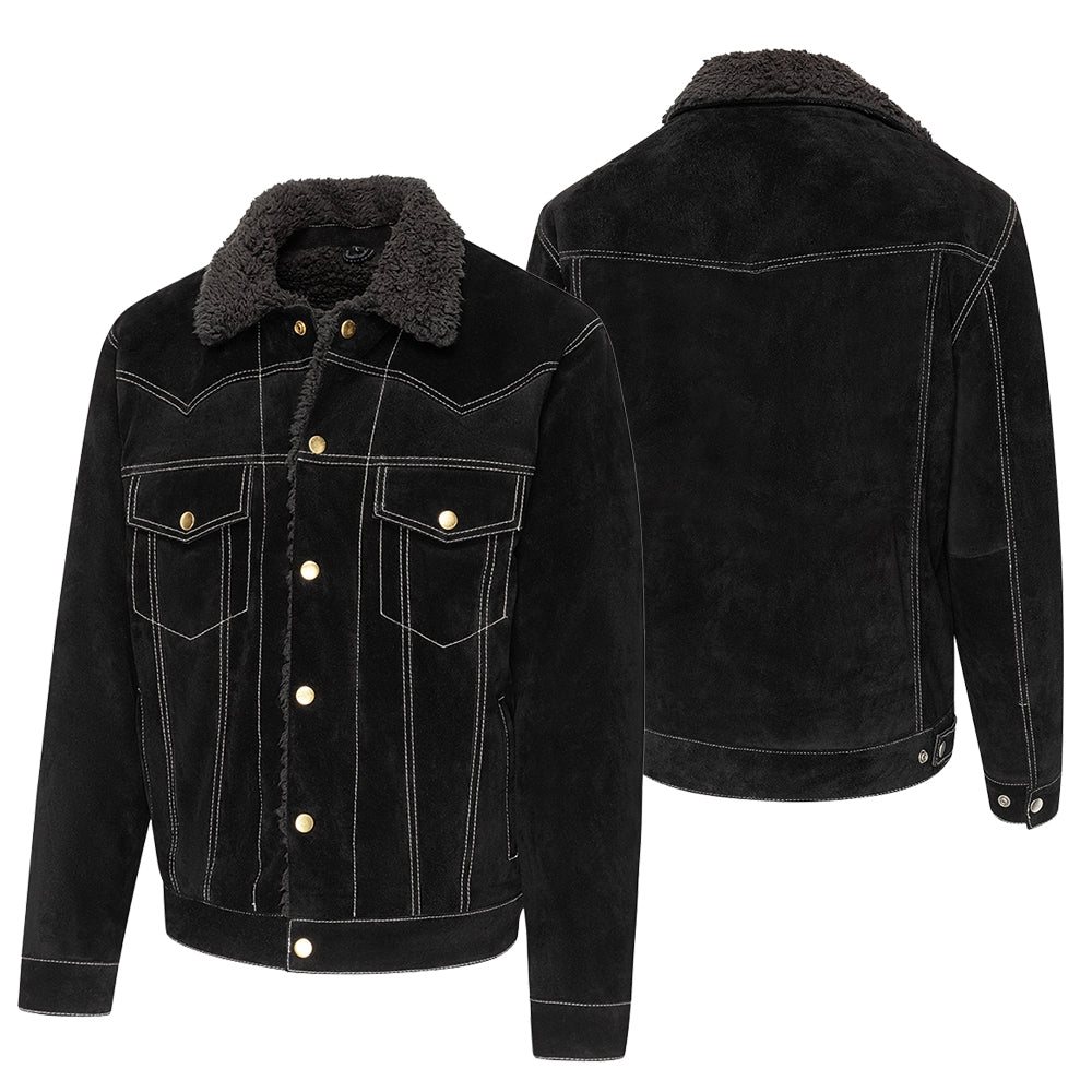 Men's Western Suede Jacket with Fur Collar - Hunter Leather Trucker Jacket