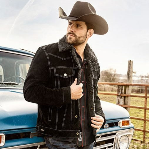 Men's Western Suede Jacket with Fur Collar - Hunter Leather Trucker Jacket