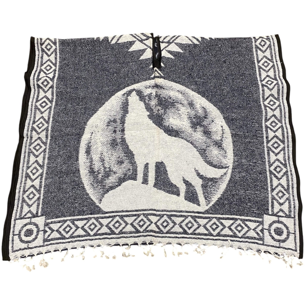 Howling Wolf Poncho - Hand-Woven Steel Blue Brushed Lining