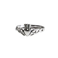 Ring with the Claddagh motif (heart with crown held by two hands) and Celtic knot. The Claddagh originally is an Irisch wedding, friendship or engagement ring. It shows two hands holding a heart with a crown. The heart symbolizes love, the hands friendship and reliance, the crown loyalty. 