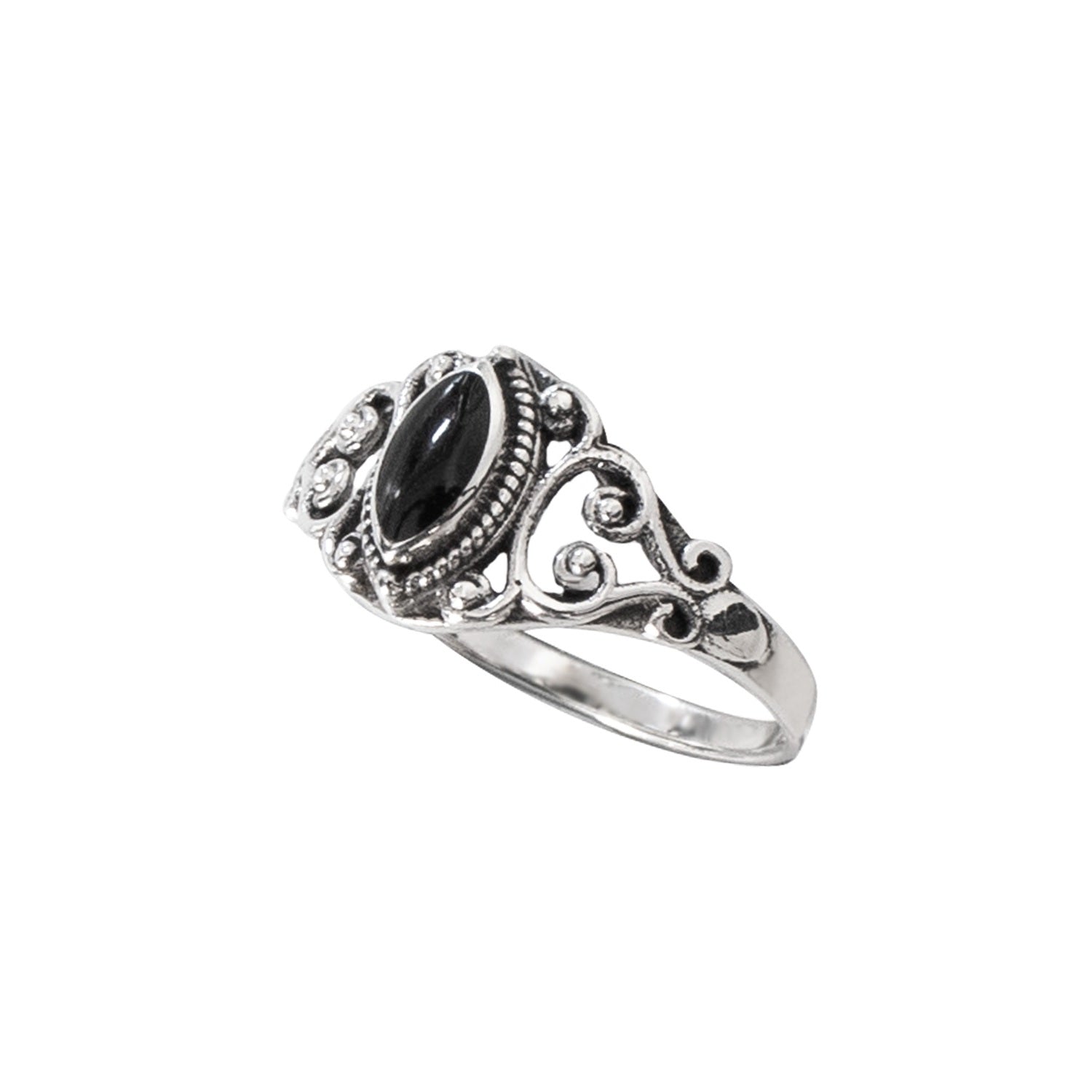 This classic silver ring features intricate filigree design and a stunning black onyx gemstone. With a height of approximately 1.0 cm, this ring is a timeless addition to any jewelry collection. 