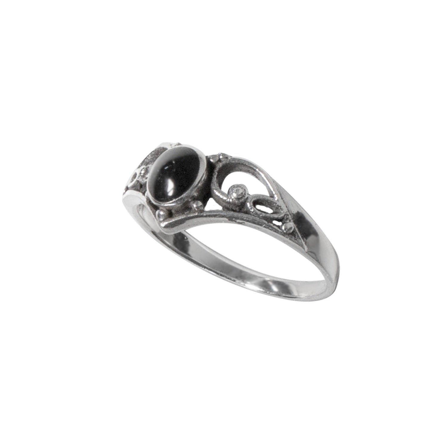 This filigree silver ring features a classic style with a sleek black onyx stone. Measuring at approximately 0.9 cm in height, this elegant ring is perfect for adding a touch of sophistication to any outfit. 