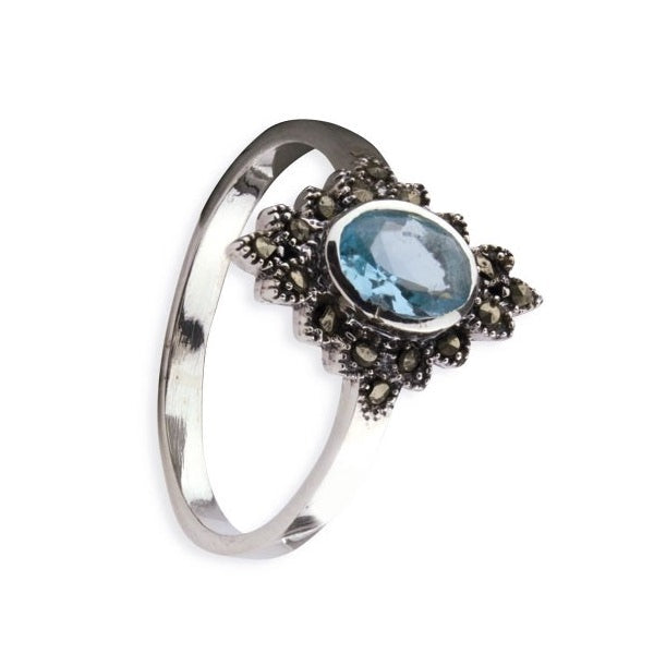 STERLING SILVER RING BLUE MARCASITE