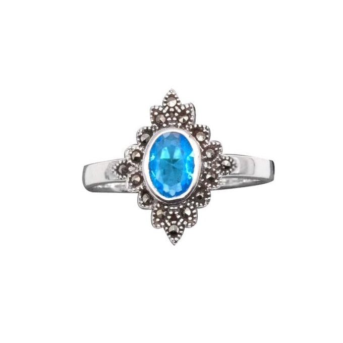 Ring with marcasite and artifitcial topaz width 16 mm, Material: 925 sterling silver, marcasite and zirconia.