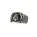The five basic ideals of the Freemasons are freedom, equality, brotherhood, tolerance and humanity. Their basic symbols are compasses and angles. Ring width 14 mm, Material: 925 sterling silver.