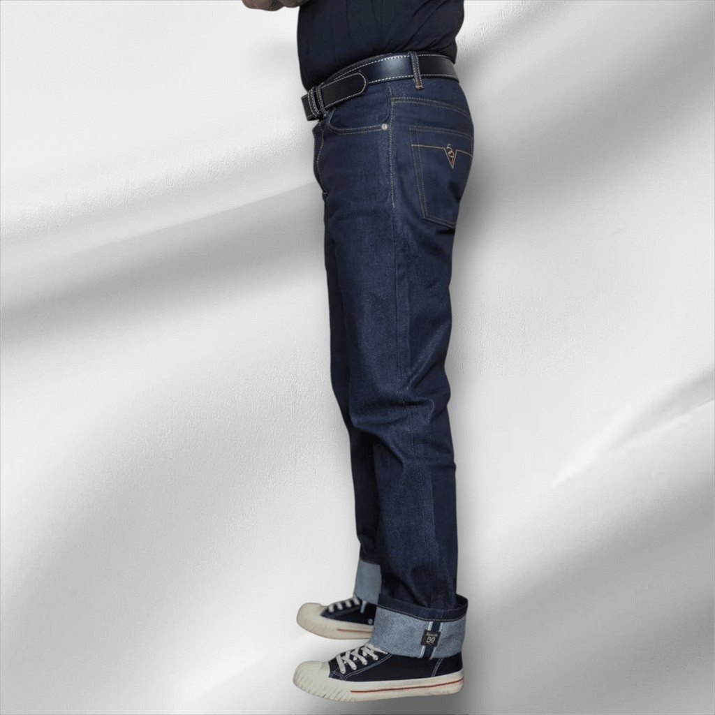 Men's RAW Selvage Denim Jeans Drinkin' Gasoline - Deep Blue Regular Fit with Hip Flask