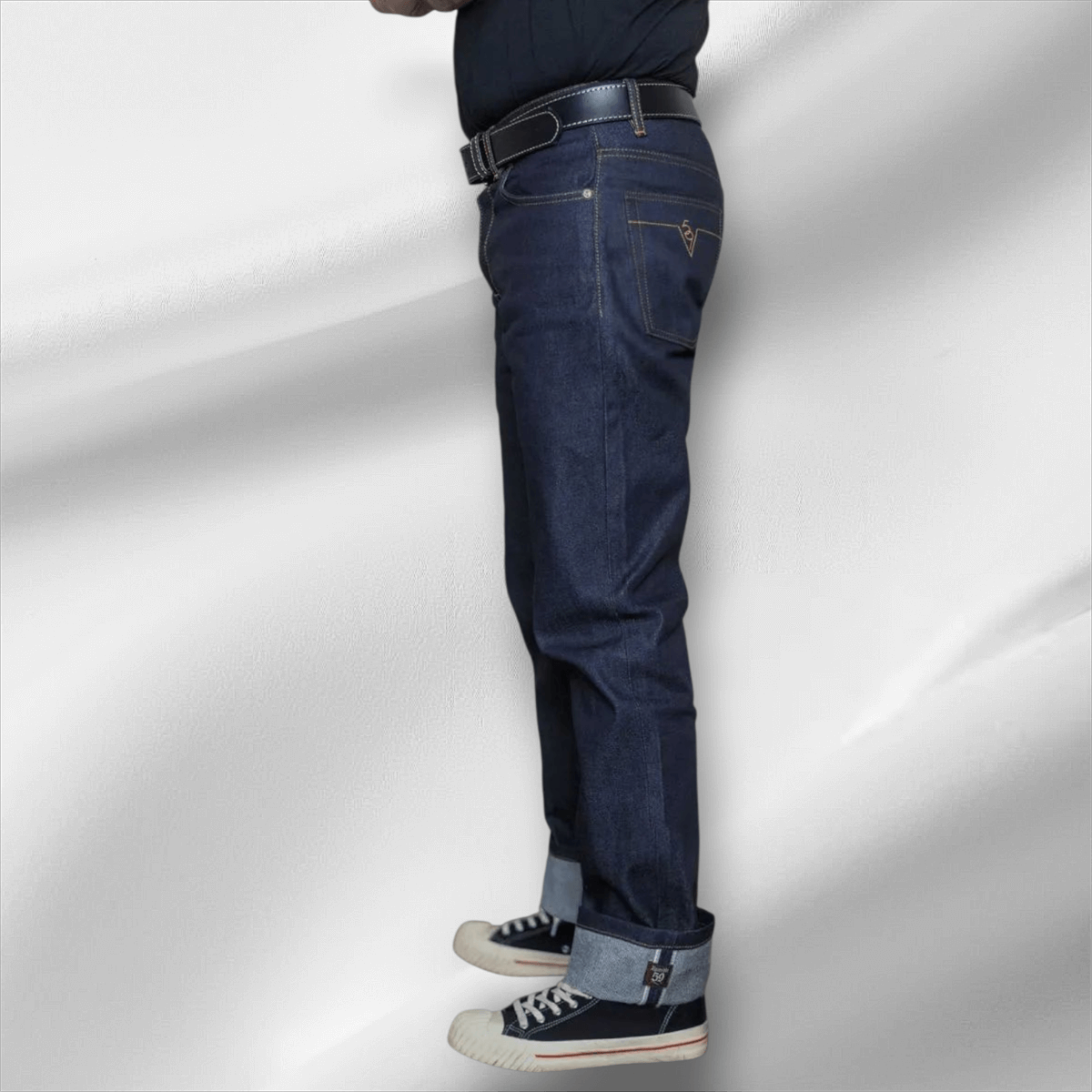 Men's RAW Selvage Denim Jeans Drinkin' Gasoline - Deep Blue Regular Fit with Hip Flask