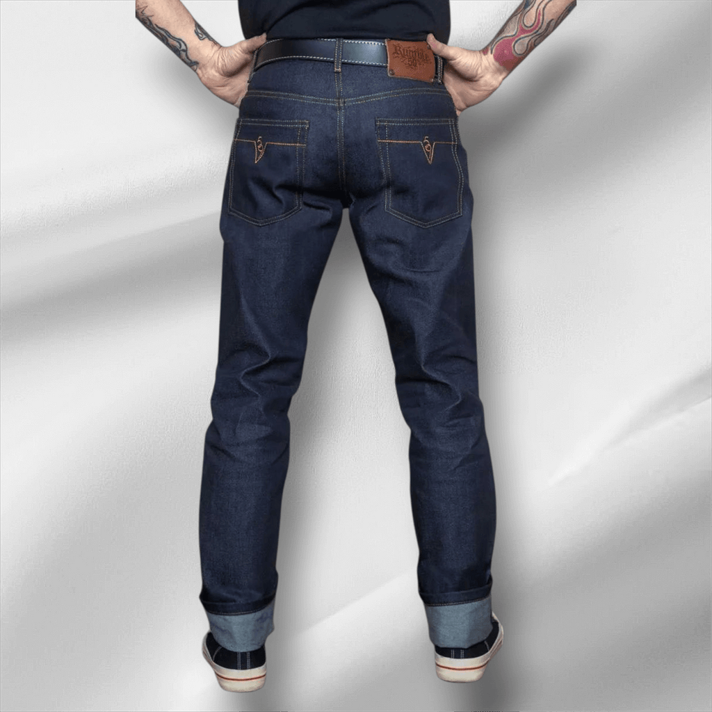 Men's RAW Selvage Denim Jeans Drinkin' Gasoline - Deep Blue Regular Fit with Hip Flask