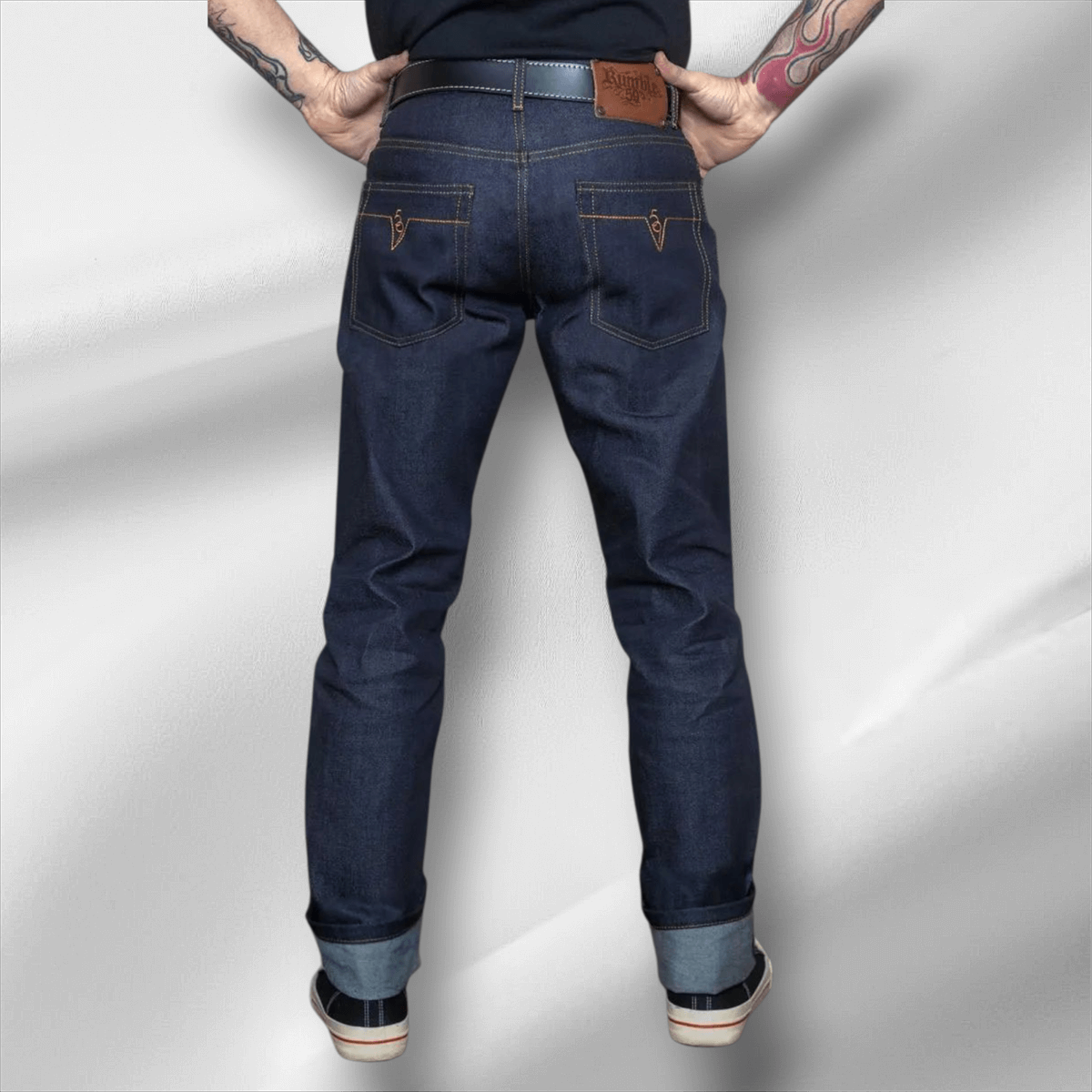 Men's RAW Selvage Denim Jeans Drinkin' Gasoline - Deep Blue Regular Fit with Hip Flask