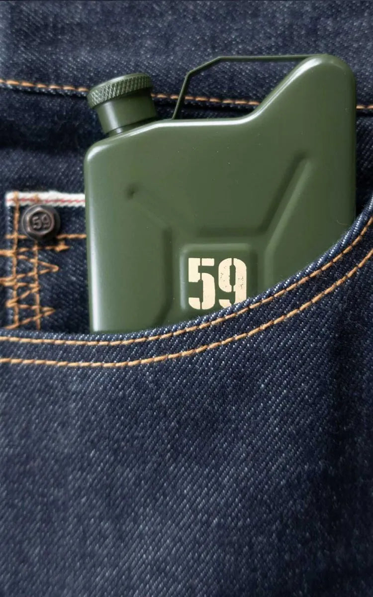 Men's RAW Selvage Denim Jeans Drinkin' Gasoline - Deep Blue Regular Fit with Hip Flask