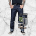 Men's RAW Selvage Denim Jeans Drinkin' Gasoline - Deep Blue Regular Fit with Hip Flask