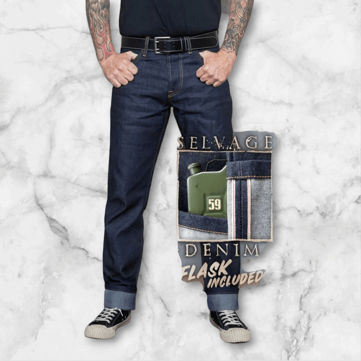 Men's RAW Selvage Denim Jeans Drinkin' Gasoline - Deep Blue Regular Fit with Hip Flask