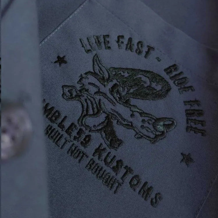 Worker Shirt Live Fast Ride Free - Embroidered Rockabilly Lounge Shirt