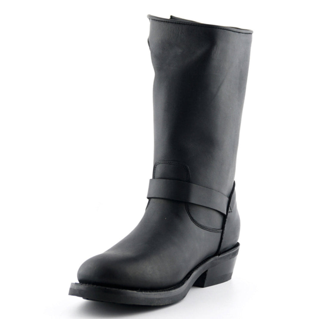 Rebel Black Leather Engineer Boots - Dual Buckle Goodyear Welted Tall Boots for Men & Women
