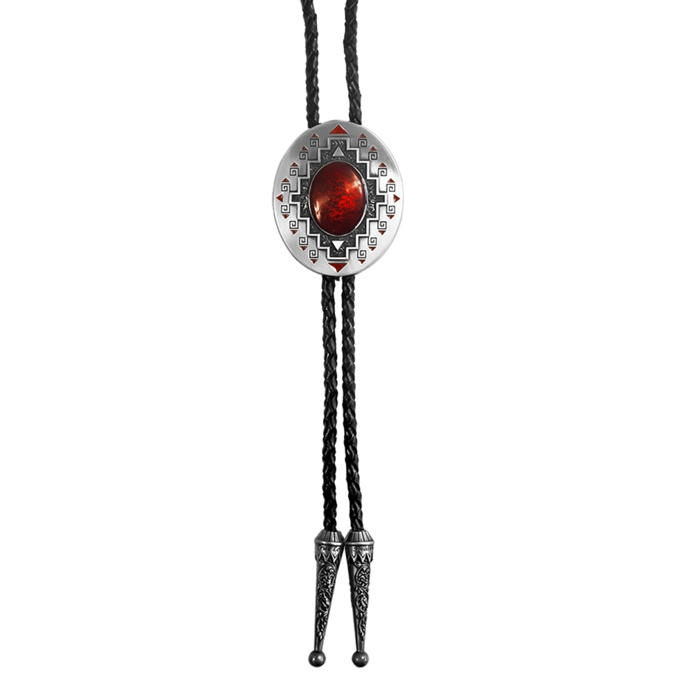 Red Stone Bolo Tie - Silver Oval Concho Western Necklace