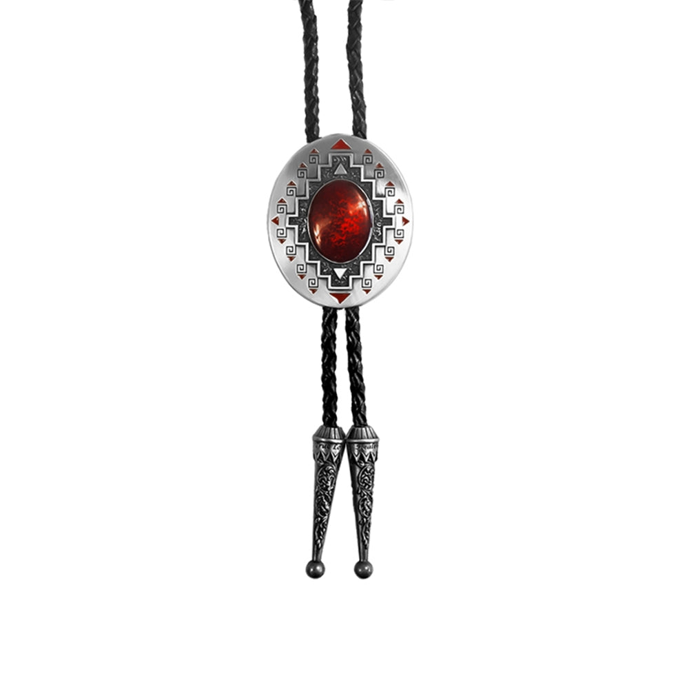 Red Stone Bolo Tie - Silver Oval Concho Western Necklace