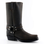 Premium Tall Brown Leather Western Cowboy Boots. Discover the iconic Renegade Hi tall Western cowboy boots in rich brown leather, a bold statement piece that fuses authentic Western heritage with rock and biker edge. These premium tall boots feature a commanding 29cm shaft, distinctive harness straps with O-rings, and versatile unisex styling that works for both men and women who demand boots with serious attitude and warm, versatile color.