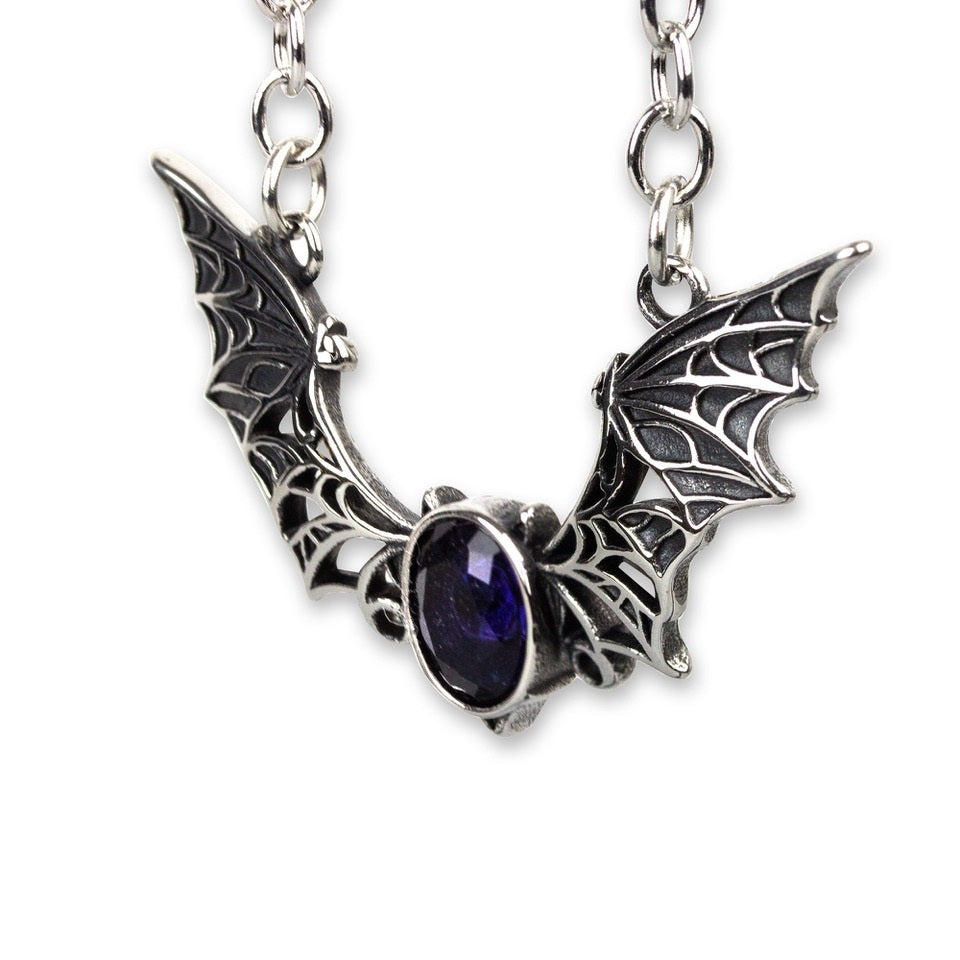 Bat necklace with purple stone