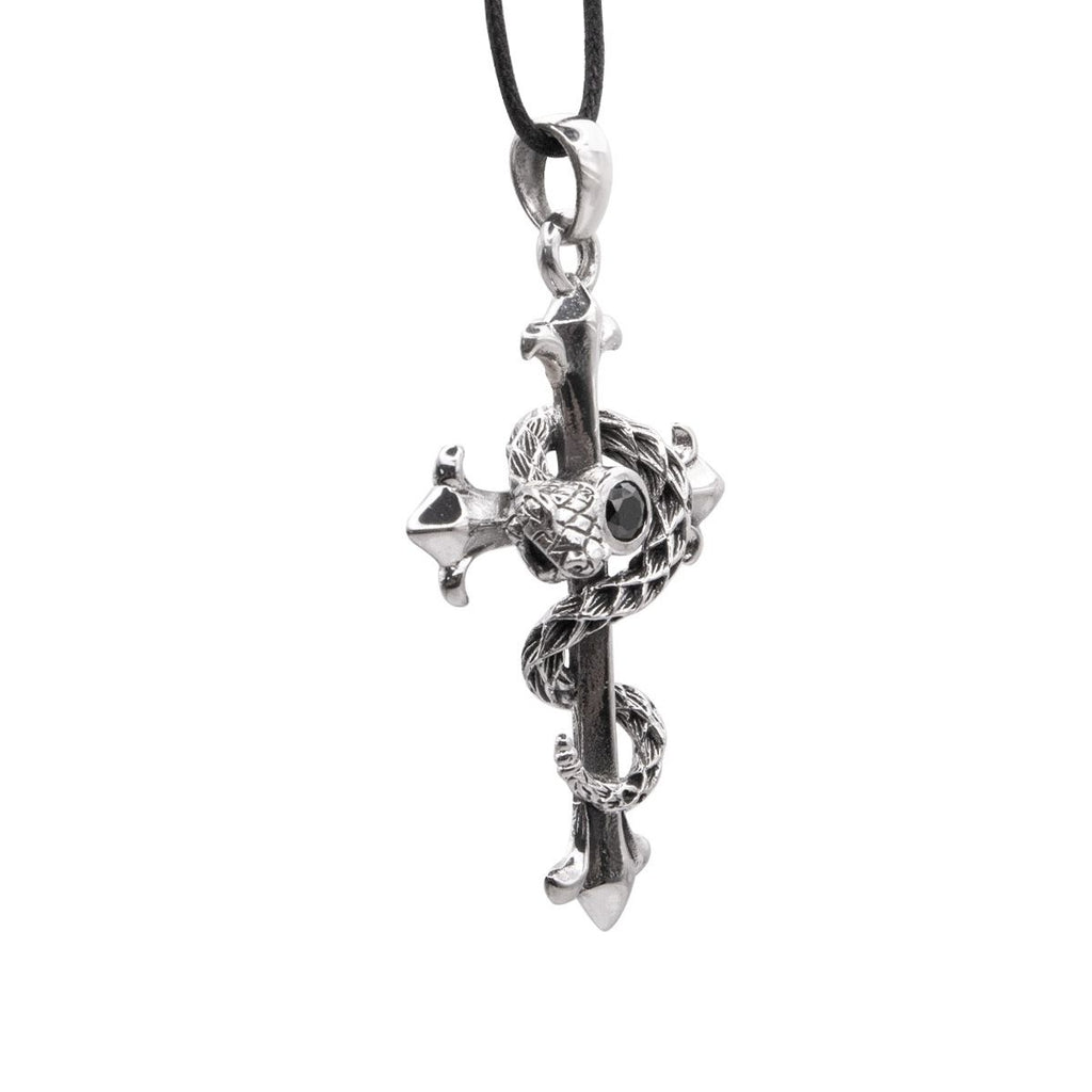 Snake Cross Pendant – Stainless Steel & Black Zirconia