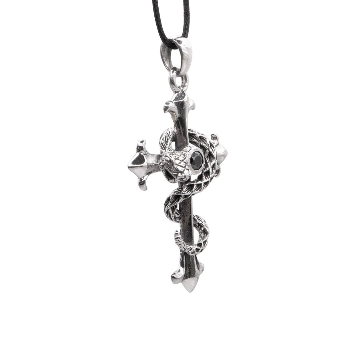 Snake Cross Pendant – Stainless Steel & Black Zirconia