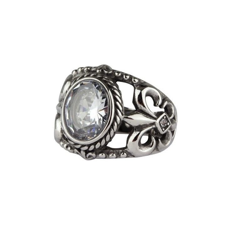 Stainless steel ring with lily and crystal stone, Height: approx. 2.0 mm, Material: stainless steel with zirconia.
