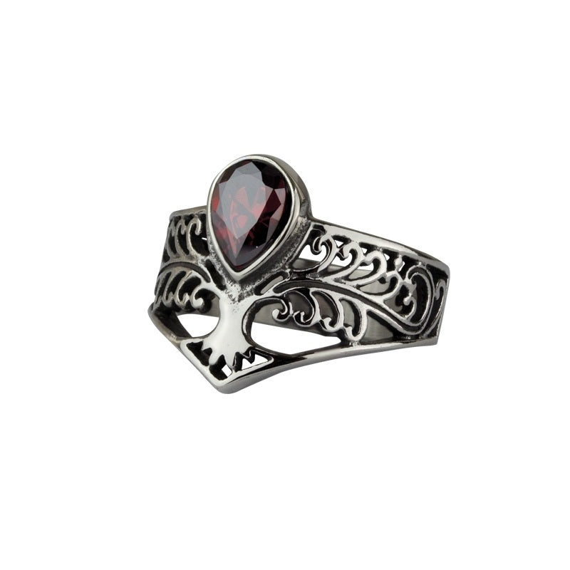 Stainless steel ring with stone, design: tree of life with a teardrop-shaped stone as a crown, Height: approx. 1.8 mm, Material: stainless steel with zirconia.